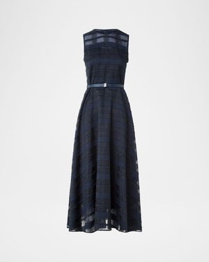 Organdy Plaid Sleeveless A-Line Midi Dress With Belt