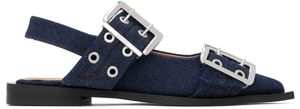 GANNI Navy Denim Feminine Buckle Ballerina Flats
