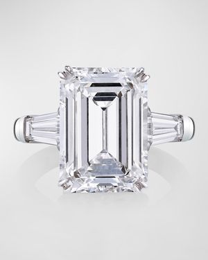 Platinum 3 Stone Diamond Ring with White Emerald Cut Center and Tapered Baguette Sides, Size 6.5, 16.72tcw