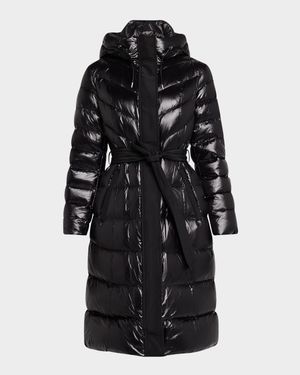 Coralia Lustrous Light Down Coat with Sash Belt