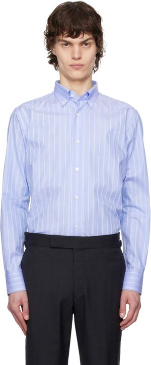 Brioni Blue & White Cotton Textured Stripe Shirt