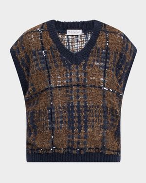 Paillette Tartan V-Neck Sweater Vest