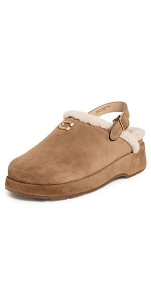 Coach Sculpted C Suede Shearling Platform Clogs Coconut/Natural 8