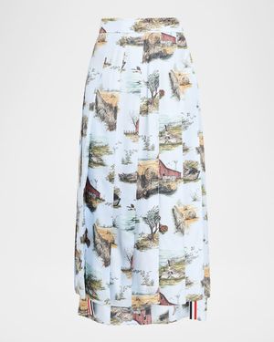 Scenic Toile Silk Twill Pleated Midi Skirt