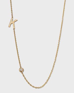 14K Gold Asymmetrical Initial and Bezel Diamond Necklace, 16-18"L