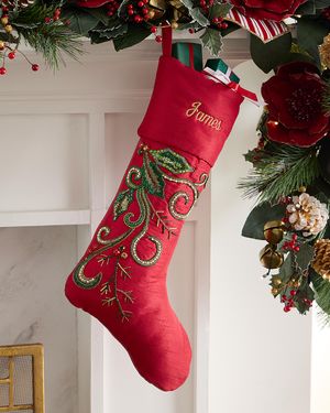 Beaded Holly Leaves Classic Christmas Stocking, Personalized