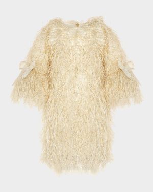 Girl's Fringe-Sleeve Feathered Dress, Size 3T-12