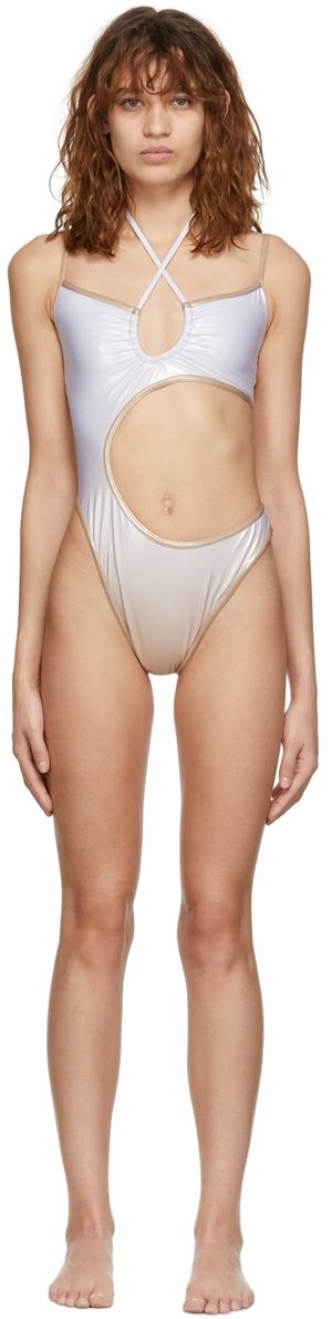 ANDREĀDAMO SSENSE Exclusive Beige & White Asymmetric Swimsuit
