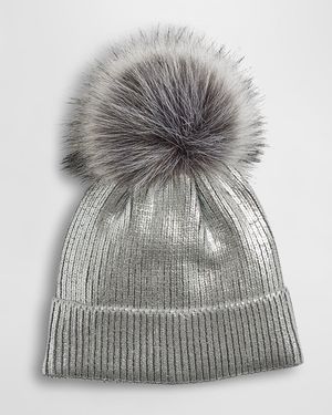 Metallic Ribbed Beanie with Faux Fur Pom