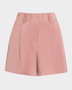 Pleated Suede Pull-On Shorts