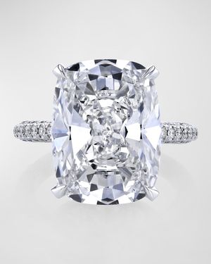 Platinum White Cushion Diamond Ring with 3 Sided Micro Pave Shank and Basket, Size 6.5, 23.72tcw