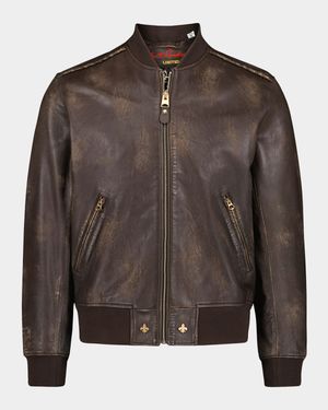Men's Leather Embroidered-Damask Bomber Jacket