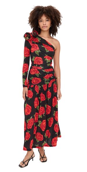 FARM Rio Latin Roses One Shoulder Midi Dress Latin Roses Black XL