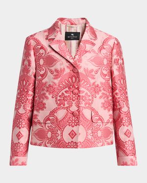 Pink Medallion Lace Effect Brocade Crop Jacket
