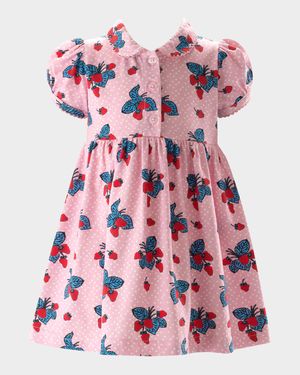 Girl's Strawberry Jersey Puff-Sleeve Dress, Size 6M-24M