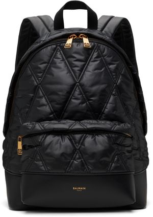 Balmain Black Quilted Nylon Diamond Motif Backpack