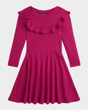 Girl's Ruffle-Trim Long-Sleeve Fit & Flare Dress, Size 2-6X