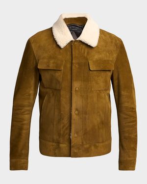 Men's Suede Shearling-Collar Bomber Jacket