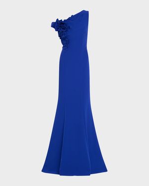 One-Shoulder Floral Applique Crepe Mermaid Gown