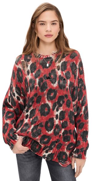 R13 Printed Oversized Sweater Red/Black Leopard XS