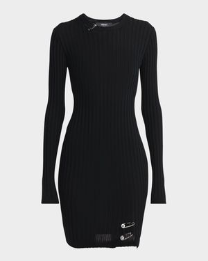 Safety-Pin Slit Vanise Knit Mini Dress