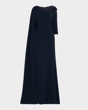 Cape-Sleeve Floral Applique Trumpet Gown