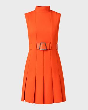 Mock-Neck Sleeveless Belted Pleated Mini Dress
