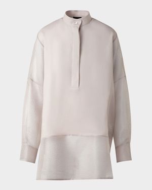 Mixed-Media Linen Toile Striped Organza Tunic Blouse