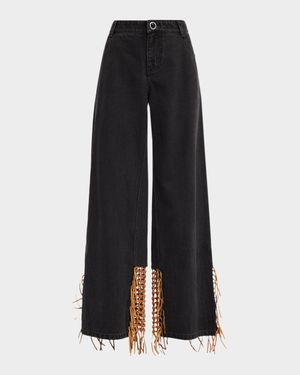 Leather Basketweave Inset Wide-Leg Jeans