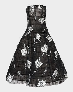 Floral Embroidered Strapless Drop-Waist Dress