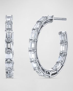 18K Gold North South Emerald Cut Diamond Hoop Earrings, 6.0tcw/1"L