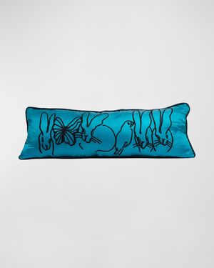 Embroidered Silk & Velvet Menagerie Pillow, 14" x 35"