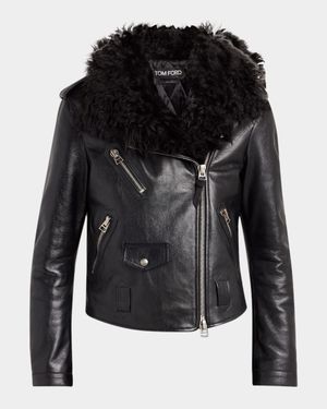 Curly Sheep Shearling Collar Leather Biker Jacket