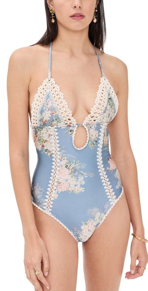 Zimmermann Cascadian Keyhole Crochet One Piece Tea Blue Botanical Floral 2