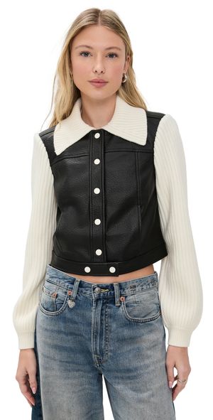 Cinq à Sept Faux Leather Knit Sleeve Ciara Jacket Black/Ivory L