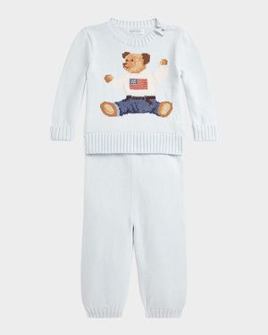 Boy's Flag Bear Intarsia Knit Sweater and Pants Set, Size 3M-24M