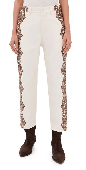 THE GREAT. The Lace Print Wayne Jeans Cream With Brown 26