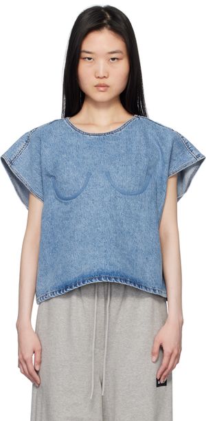 Pushbutton Blue Bra Point Sleeveless Denim Top