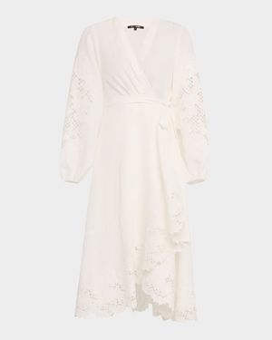 Sigal Embroidered Lace-Inset Midi Wrap Dress