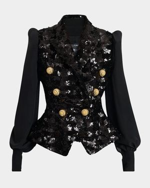 Sequined Double-Breasted Blazer with Muslin Sleeves