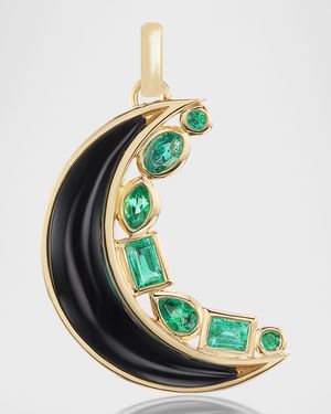 18K Yellow Gold Emerald and Onyx Crescent Moon Pendant