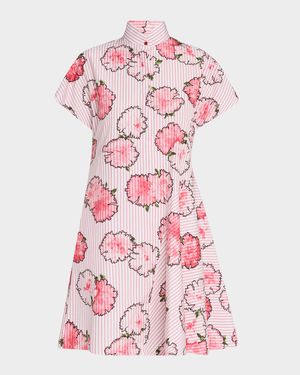 Striped Carnation-Print Cotton Mini Shirtdress