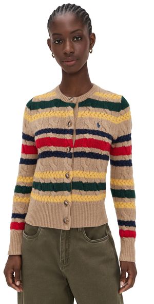 Polo Ralph Lauren Stripe Cable Cardigan Collection Camel Melange Multi S