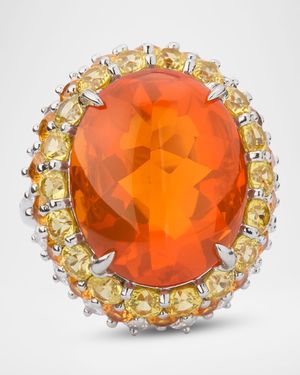 Platinum Fire Opal Cabochon Ring with Diamonds, Sapphires and Garnets, Size 6