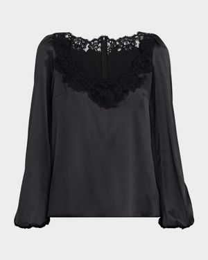 Lace-Trim Balloon-Sleeve Silk Blouse