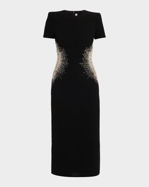 Crystal Embellished Short-Sleeve Midi Dress