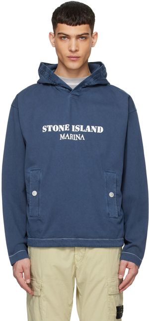 Stone Island Pull à capuche bleu marine à effet vieilli emblématique
