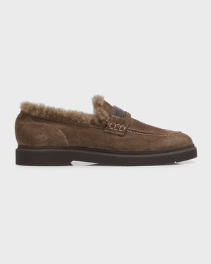 Suede Shearling Penny Loafers