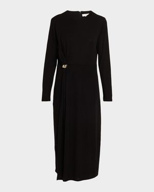 Long-Sleeve Draped Midi Dress