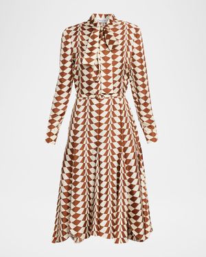 Geo Silk Twill Long-Sleeve Midi Shirtdress